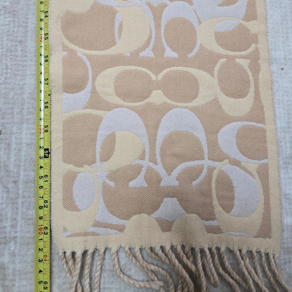 Coach Signature Monogram Jacquard Scarf Beige Cream Fringe Tassel Wrap - Picture 8 of 9